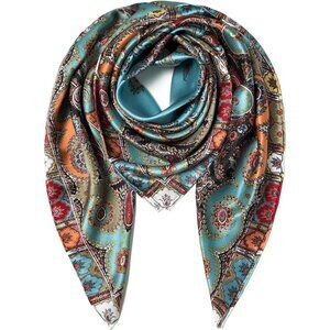 Mulberry Silk Blue-5 Scarf 43 Inch Large Square Shawl Womens Oversized Headband